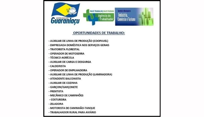 Guaraniaçu - Agência do Trabalhador de Guaraniaçu oferece vagas de emprego